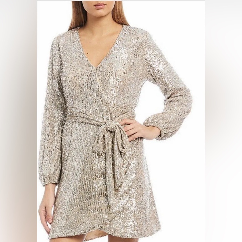 Gianni Bini Stunning Gold Sequin Long Sleeve V-Neck Wrap Dress Plus Size XXL 2XL